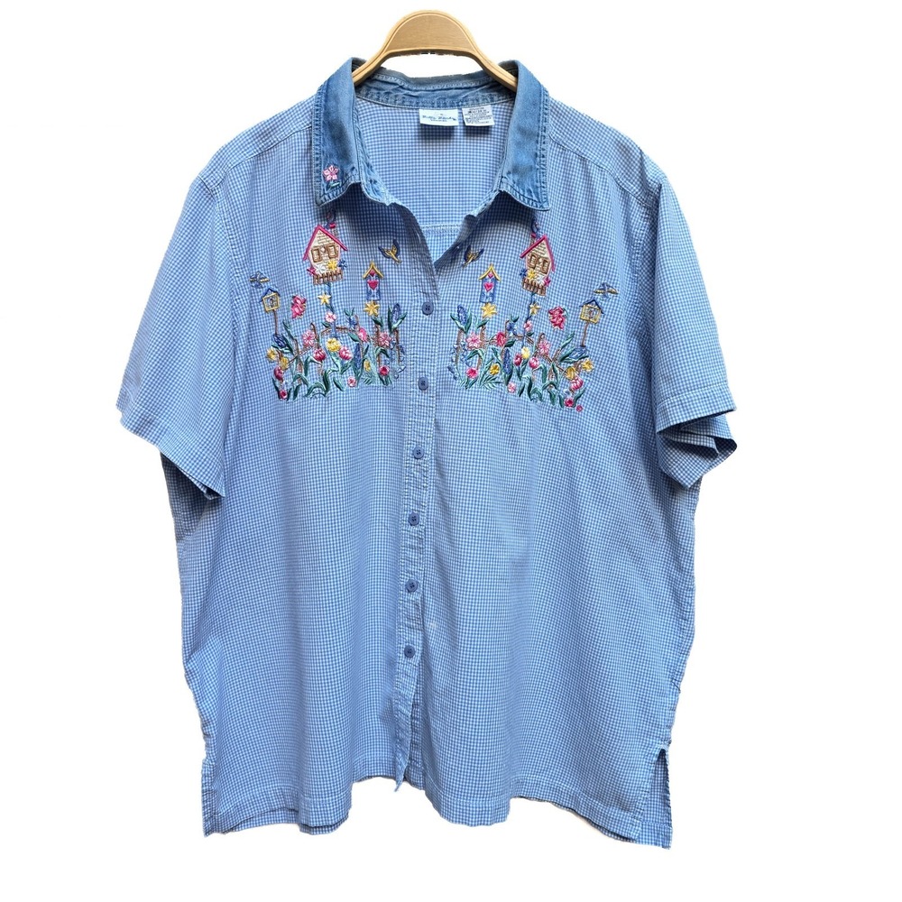 Bobbie Brooks Shirt Womens 26W 28W Blue Gingham Embroidered Garden Birds Plus